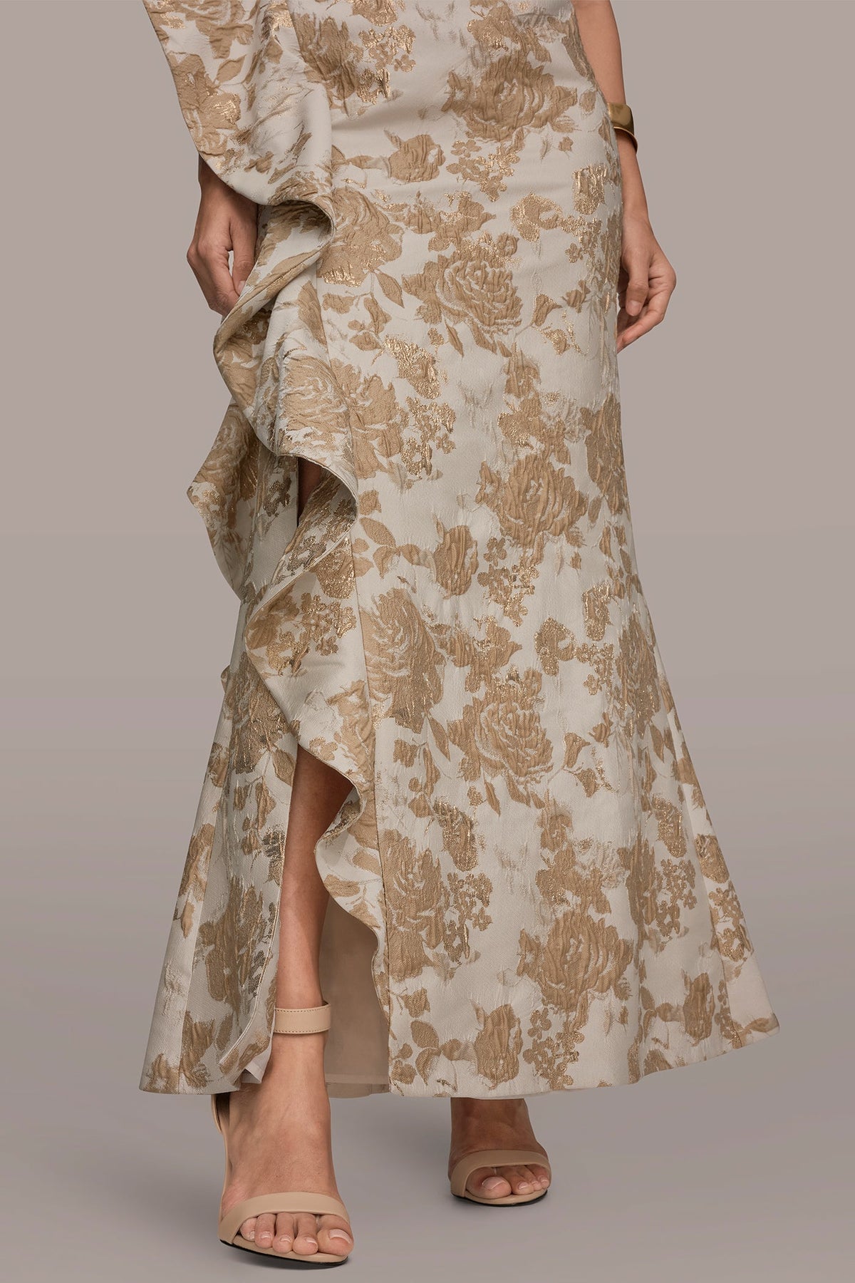 Donna Karan FLORAL-JACQUARD ONE-SHOULDER RUFFLE GOWN