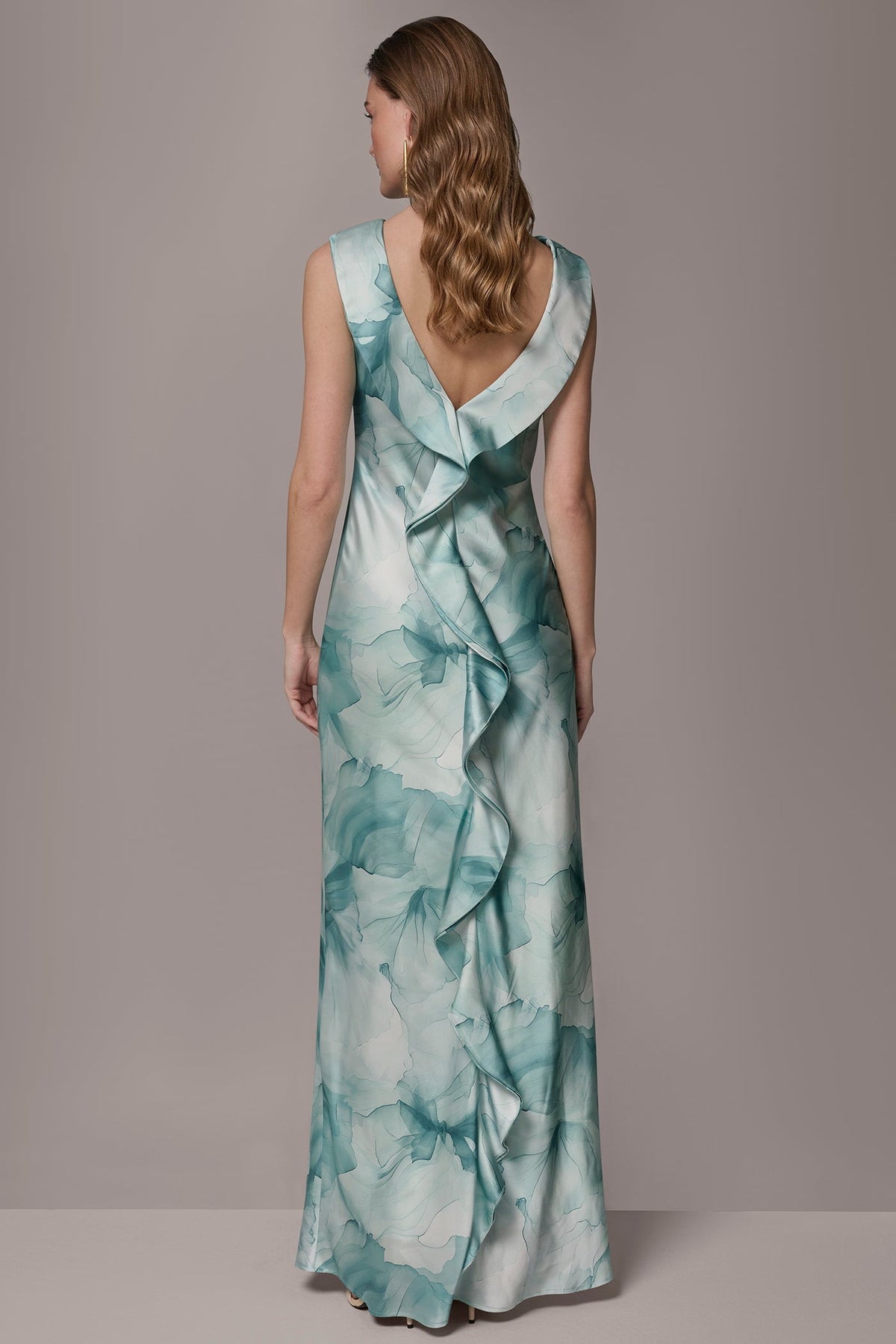 Donna Karan CHARMEUSE FLORAL RUFFLE GOWN