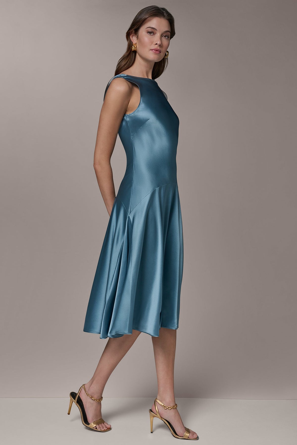 Donna Karan SILK-CHARMEUSE MIDI A-LINE DRESS