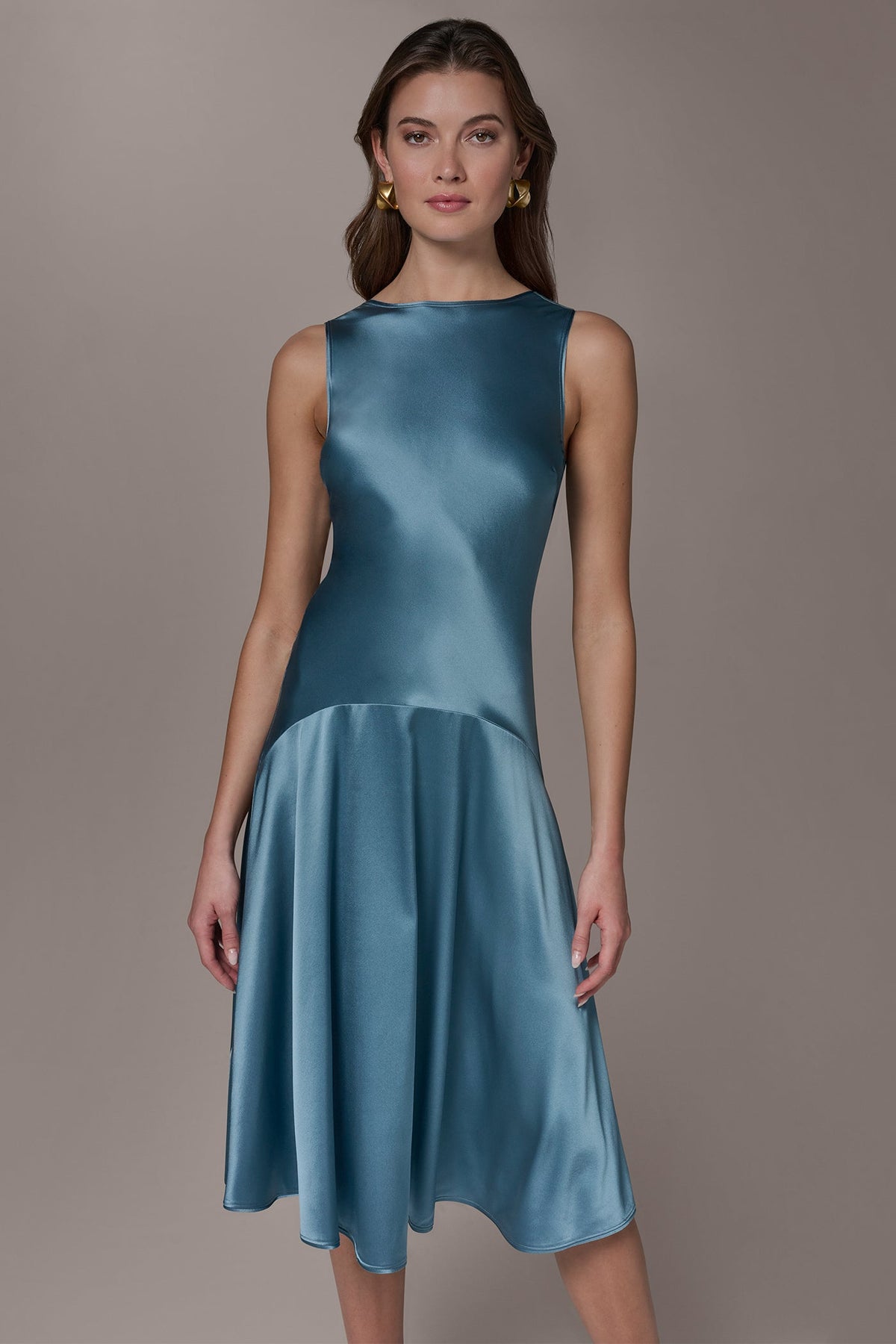 Donna Karan SILK-CHARMEUSE MIDI A-LINE DRESS