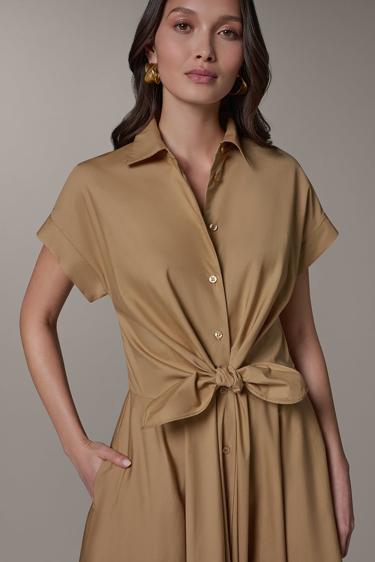 Donna Karan SHORT SLEEVE TIE FRONT MAXI SHIRT DRESS