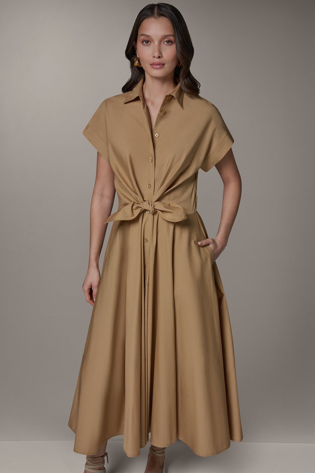 Donna Karan SHORT SLEEVE TIE FRONT MAXI SHIRT DRESS