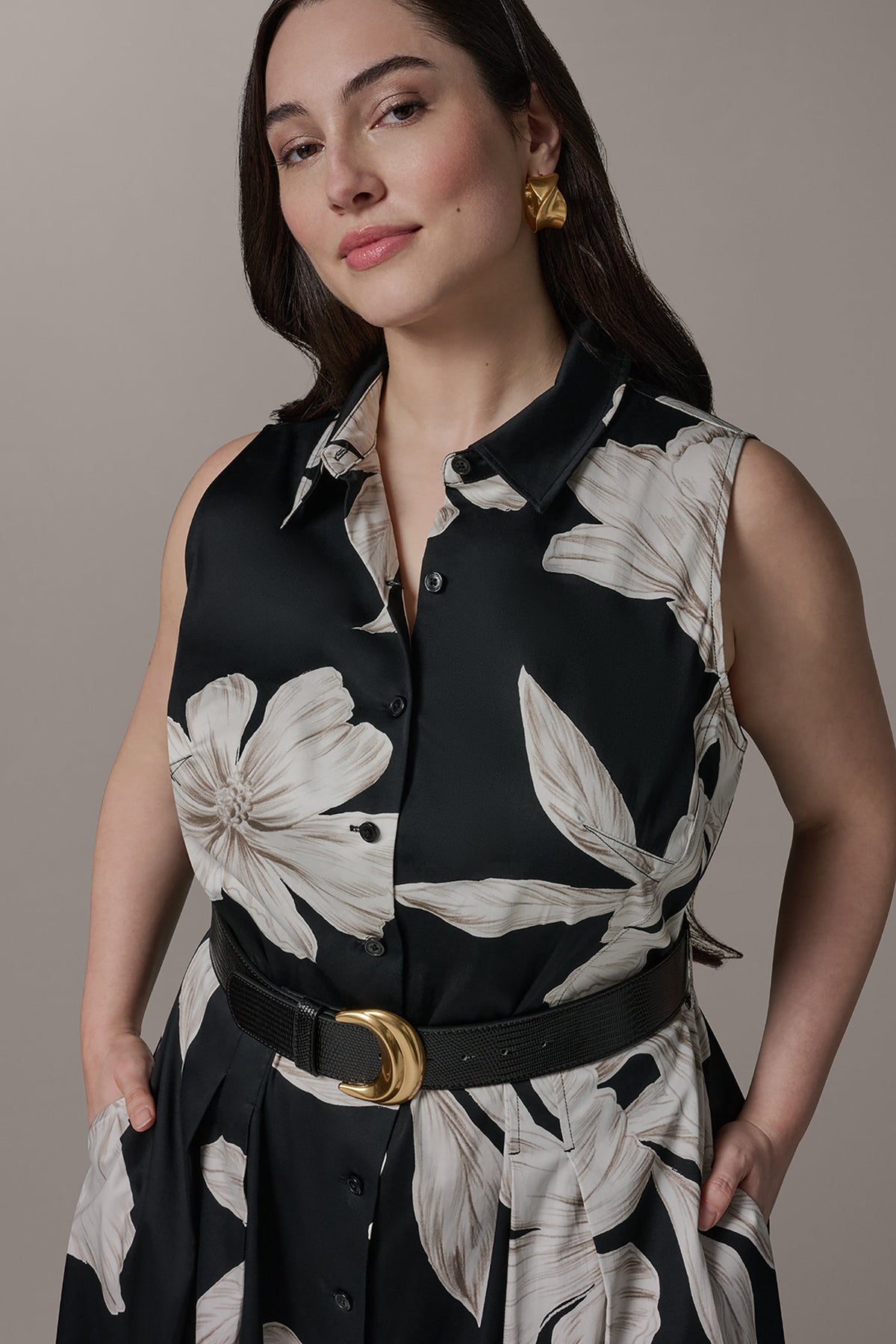 Donna Karan SLEEVELESS MIDI HALTER SHIRT DRESS