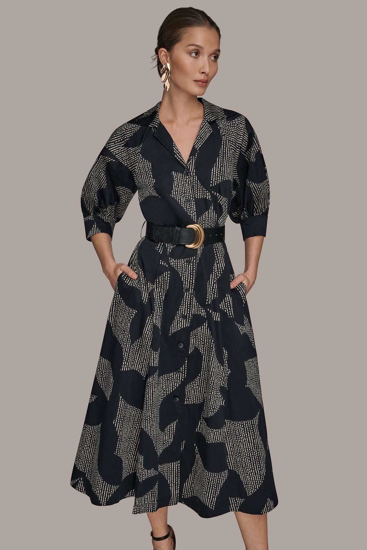Donna Karan COTTON FLORAL MIDI SHIRT DRESS