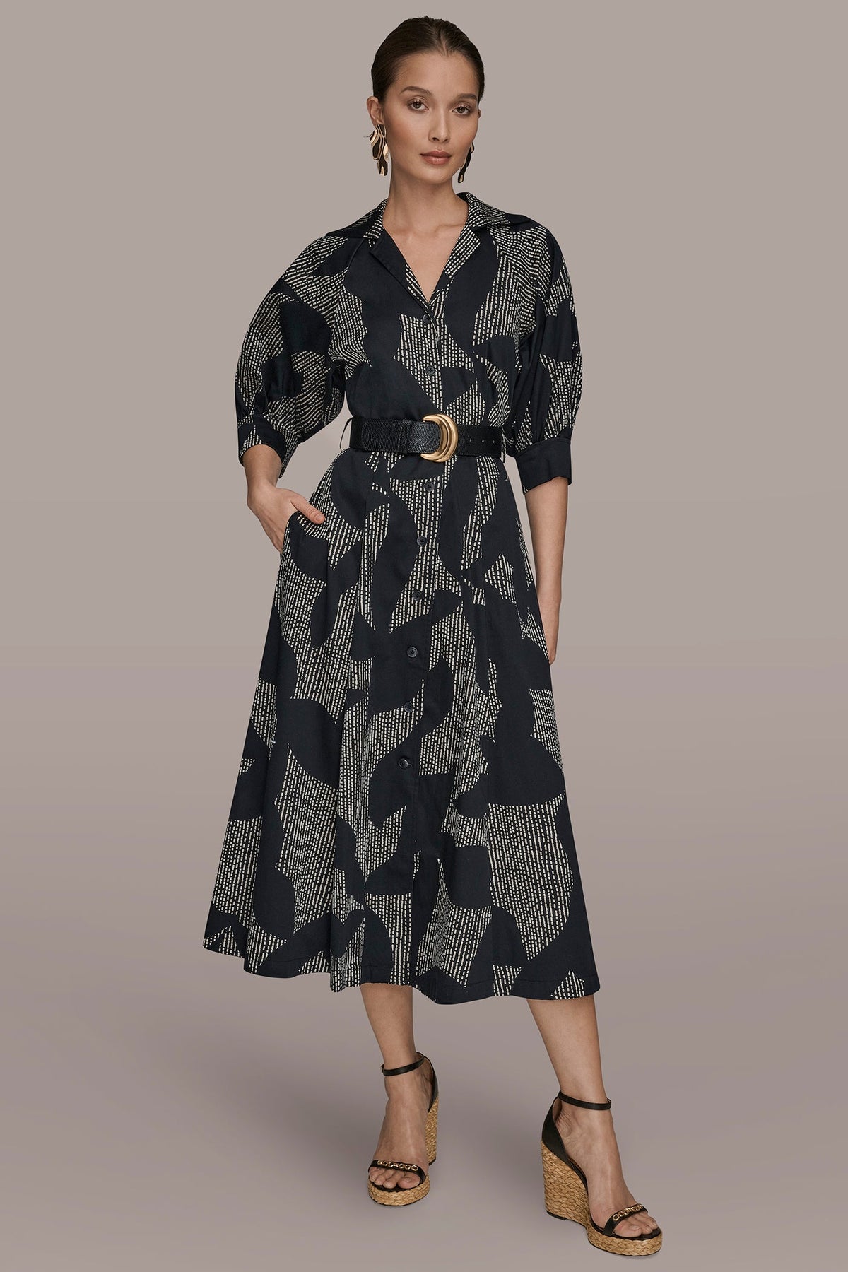 Donna Karan COTTON FLORAL MIDI SHIRT DRESS