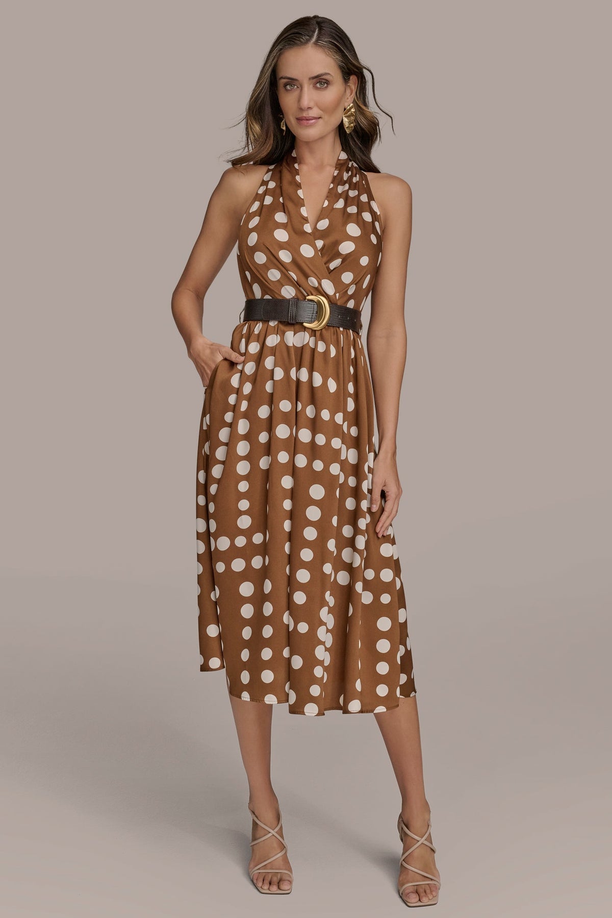 Donna Karan SLEEVELESS POLKA DOT MIDI FIT AND FLARE DRESS