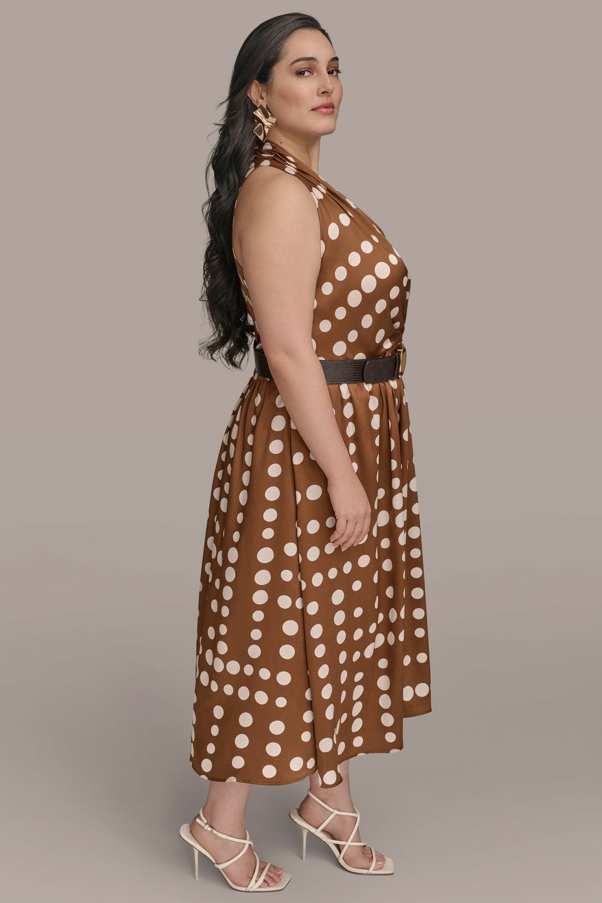 Donna Karan SLEEVELESS POLKA DOT MIDI FIT AND FLARE DRESS