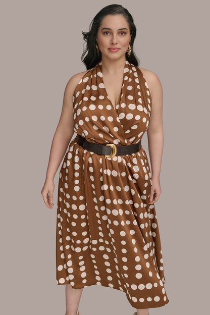 Donna Karan SLEEVELESS POLKA DOT MIDI FIT AND FLARE DRESS