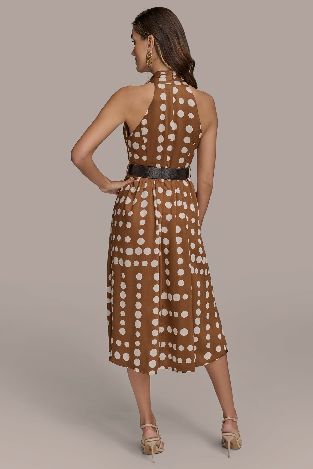 Donna Karan SLEEVELESS POLKA DOT MIDI FIT AND FLARE DRESS