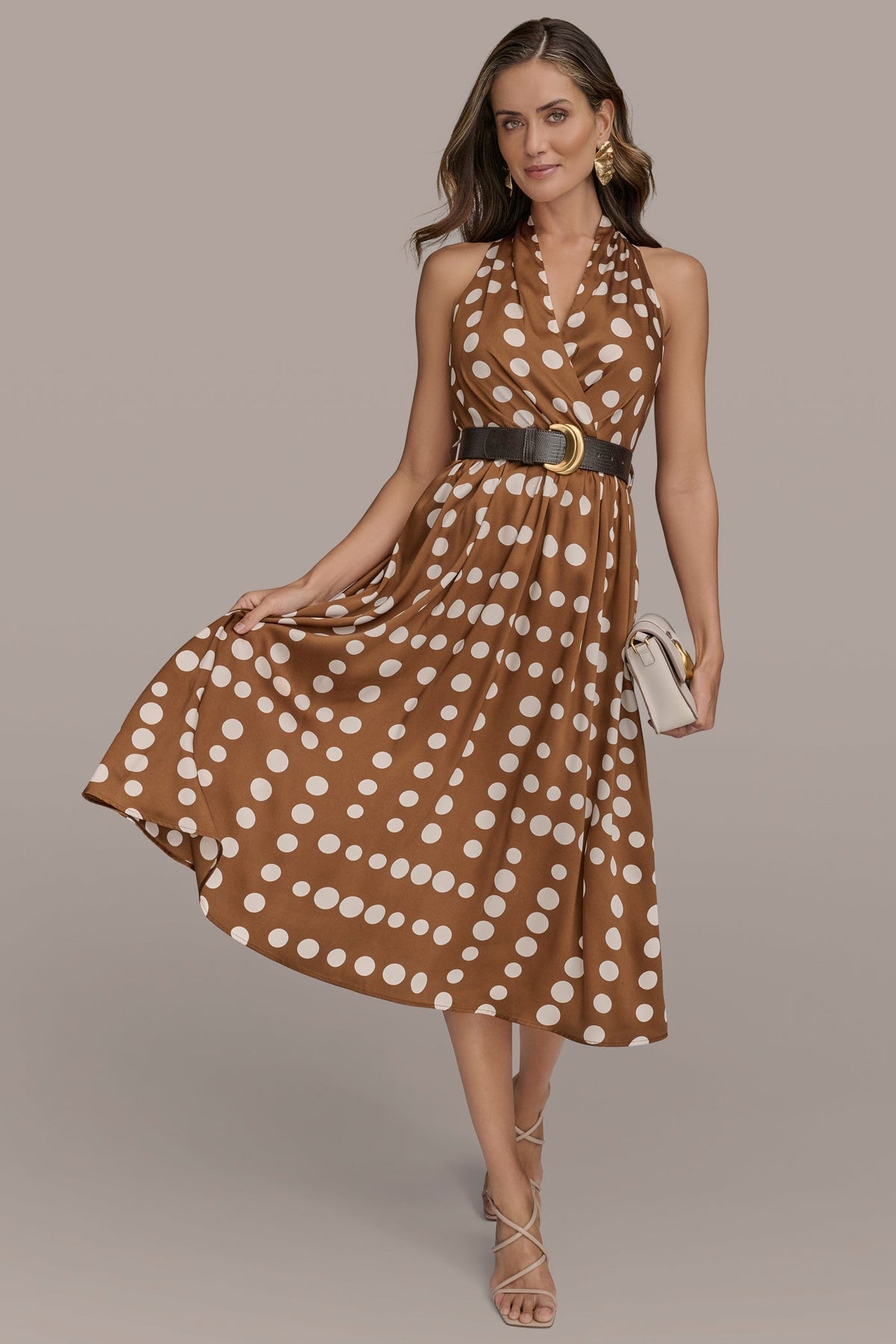 Donna Karan SLEEVELESS POLKA DOT MIDI FIT AND FLARE DRESS
