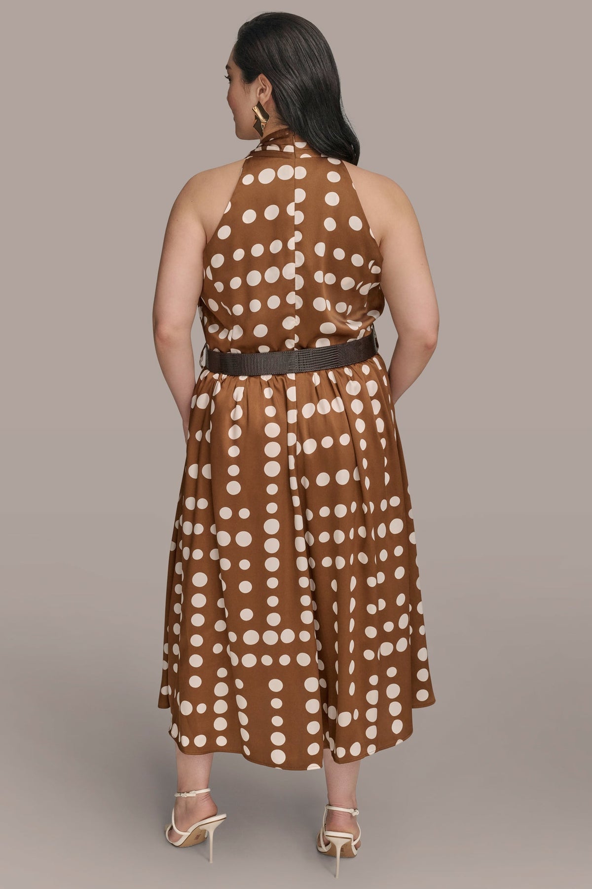 Donna Karan SLEEVELESS POLKA DOT MIDI FIT AND FLARE DRESS