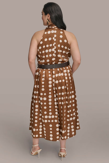 Donna Karan SLEEVELESS POLKA DOT MIDI FIT AND FLARE DRESS