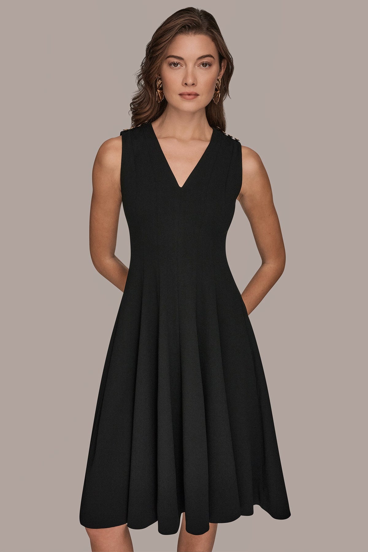 Donna Karan SLEEVELESS BUTTON MIDI FIT AND FLARE DRESS