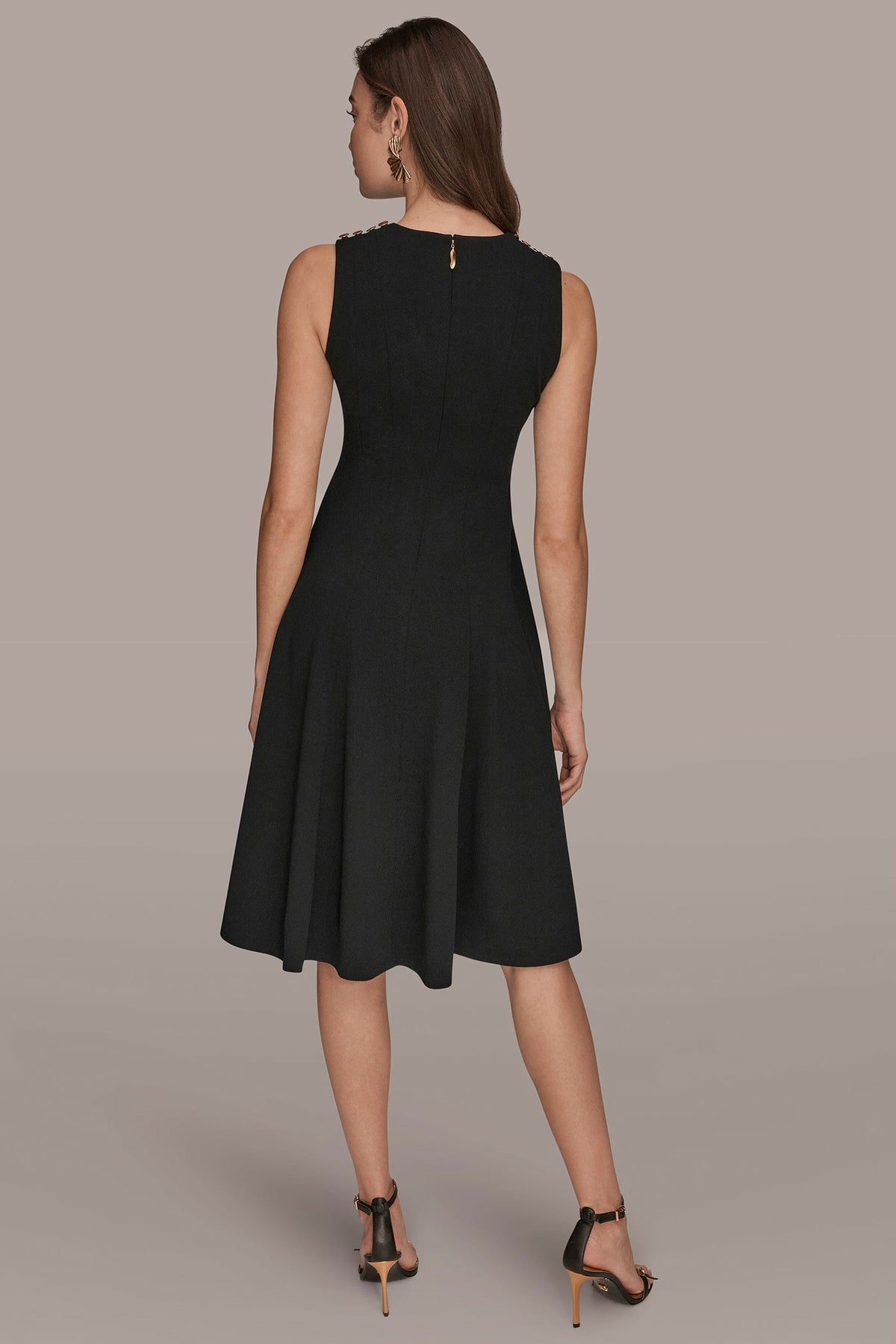 Donna Karan SLEEVELESS BUTTON MIDI FIT AND FLARE DRESS