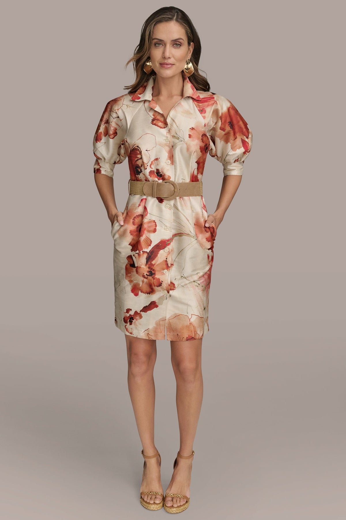 Donna Karan FLORAL PUFF SLEEVE MINI SHIRT DRESS