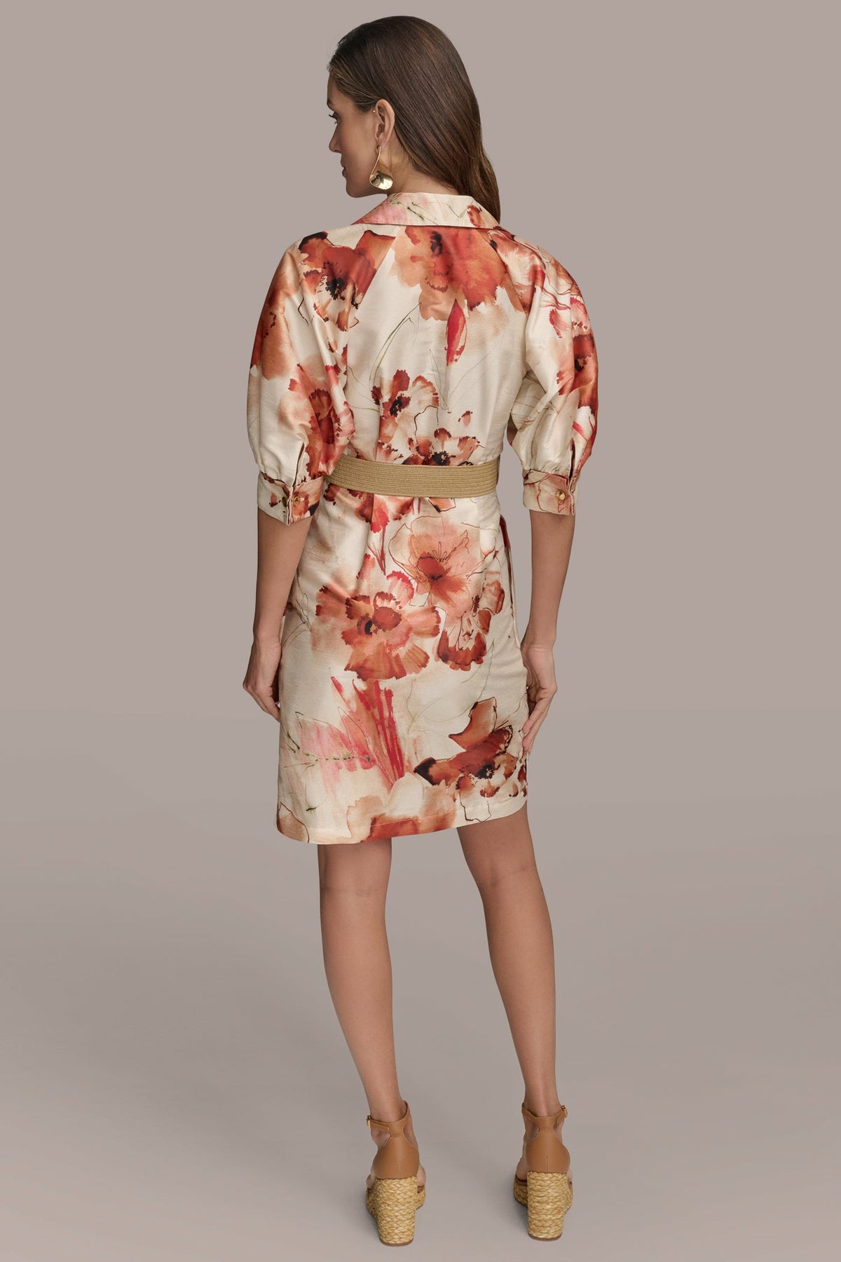 Donna Karan FLORAL PUFF SLEEVE MINI SHIRT DRESS