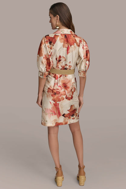 Donna Karan FLORAL PUFF SLEEVE MINI SHIRT DRESS