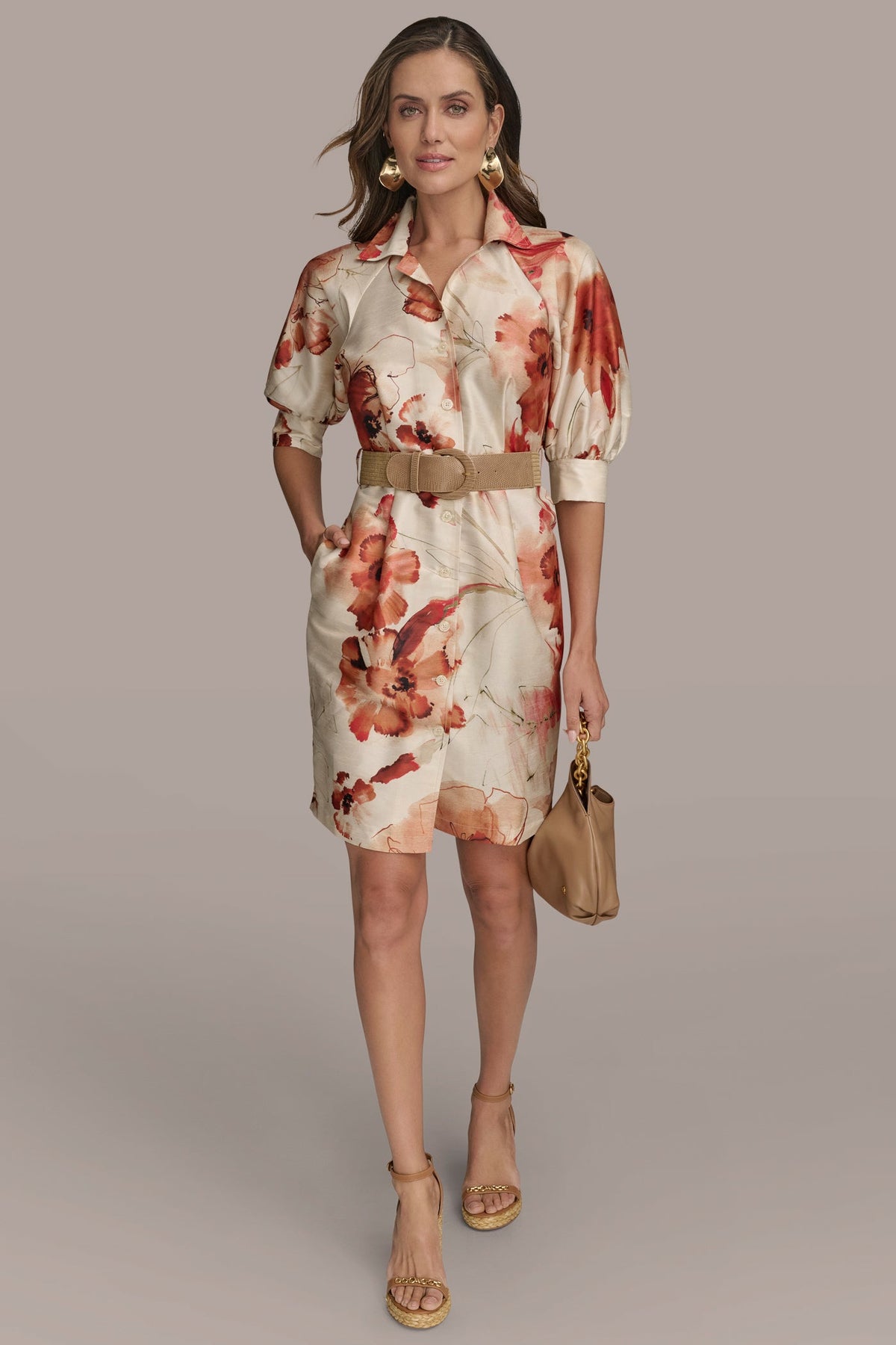 Donna Karan FLORAL PUFF SLEEVE MINI SHIRT DRESS