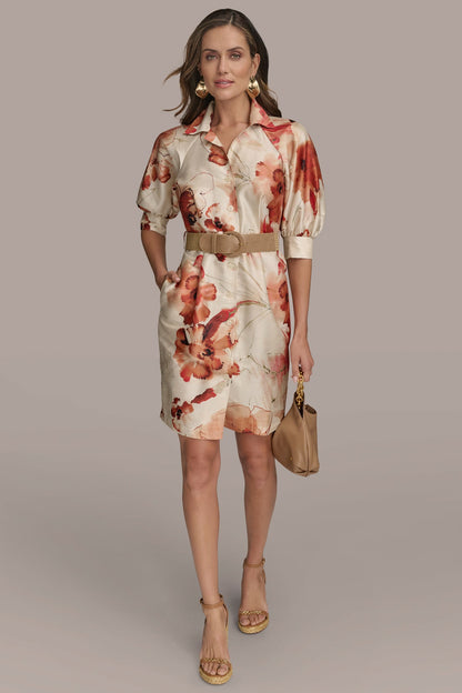 Donna Karan FLORAL PUFF SLEEVE MINI SHIRT DRESS