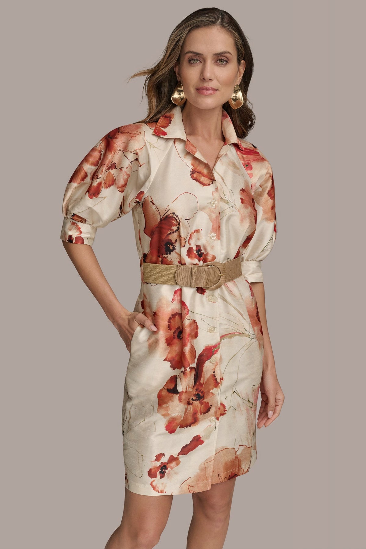 Donna Karan FLORAL PUFF SLEEVE MINI SHIRT DRESS