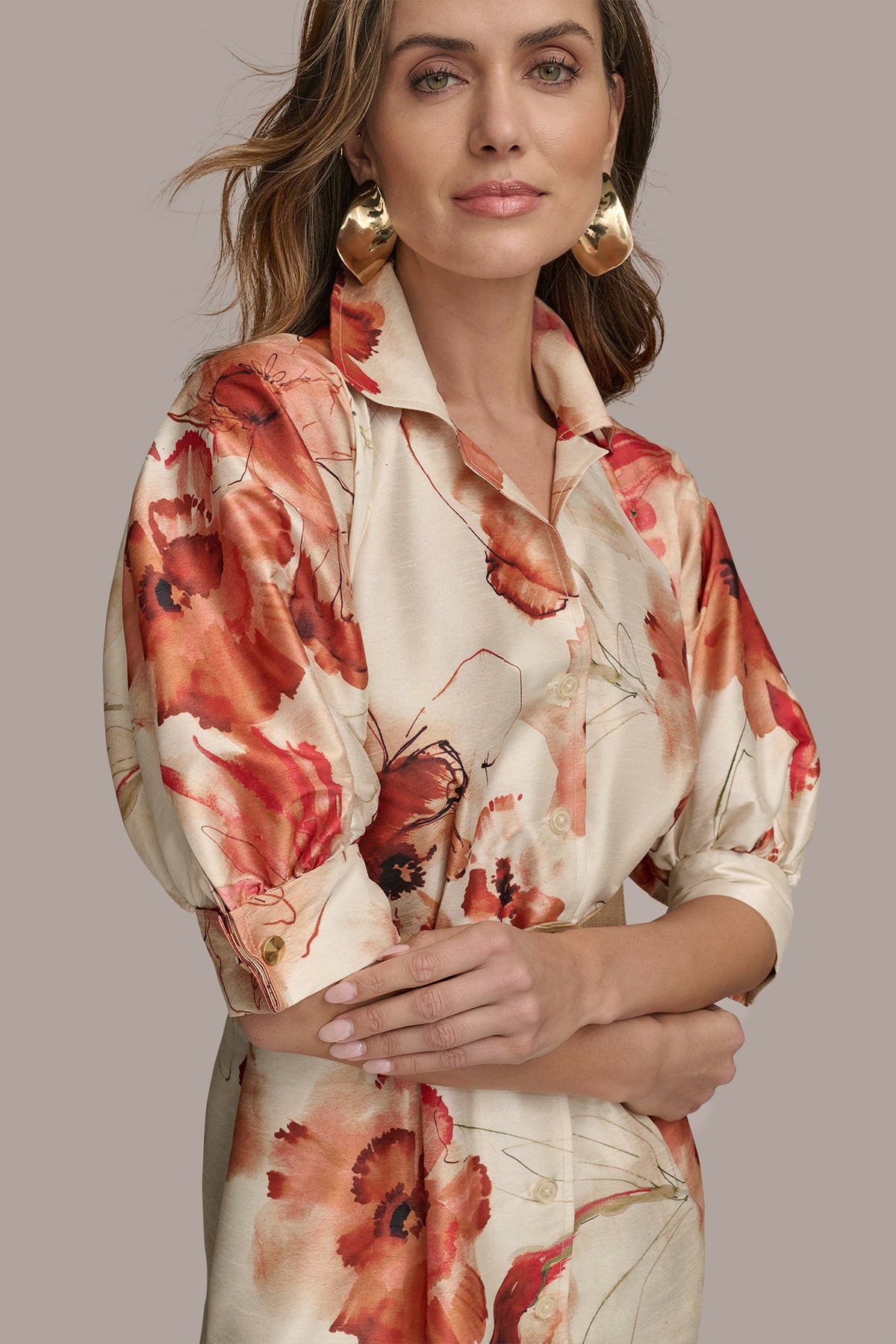 Donna Karan FLORAL PUFF SLEEVE MINI SHIRT DRESS
