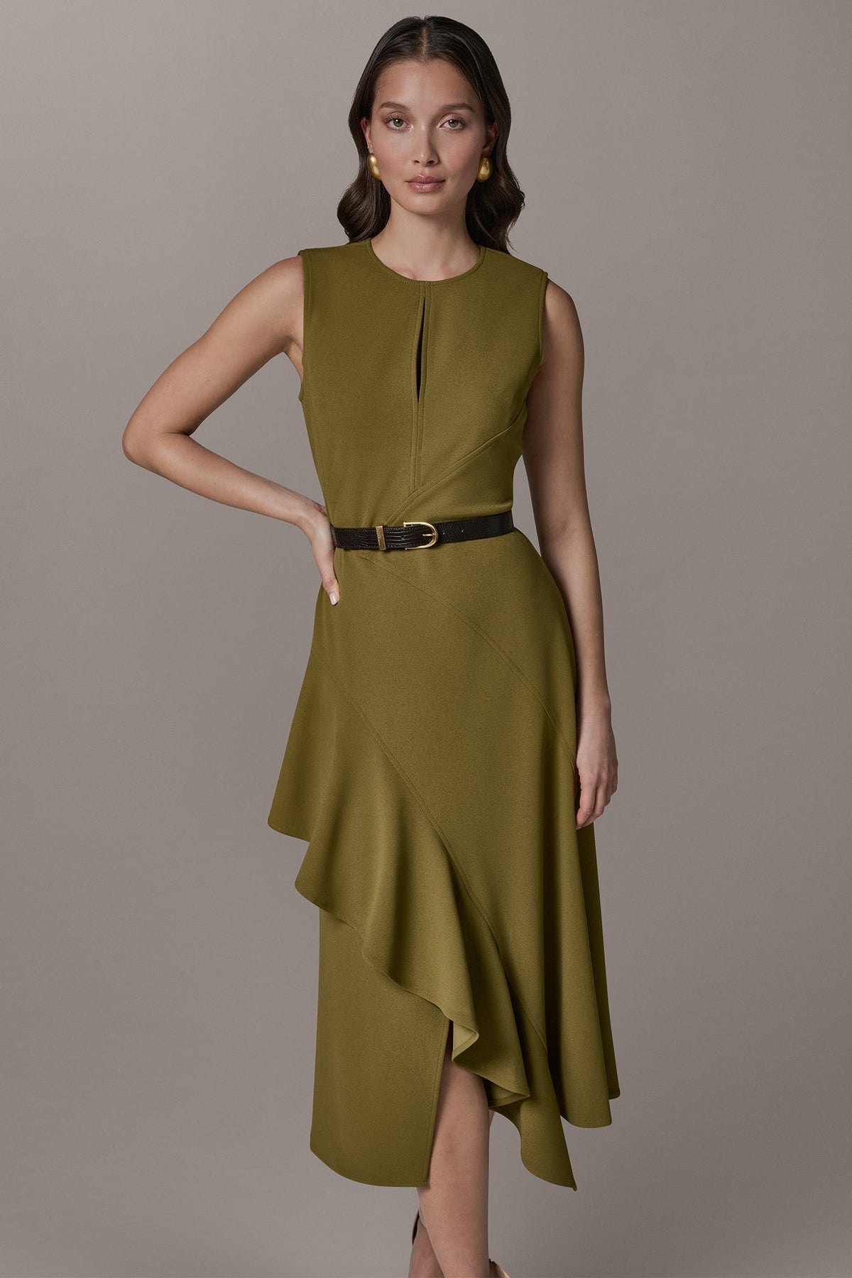 Donna Karan SLEEVELESS RUFFLE MIDI HI-LOW DRESS