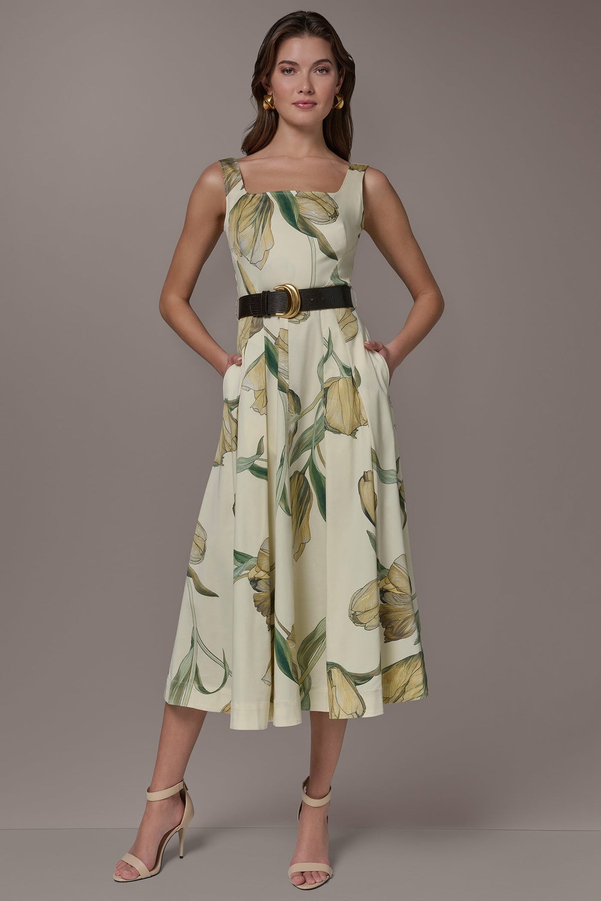 Donna Karan COTTON-SATEEN PRINTED MIDI A-LINE DRESS