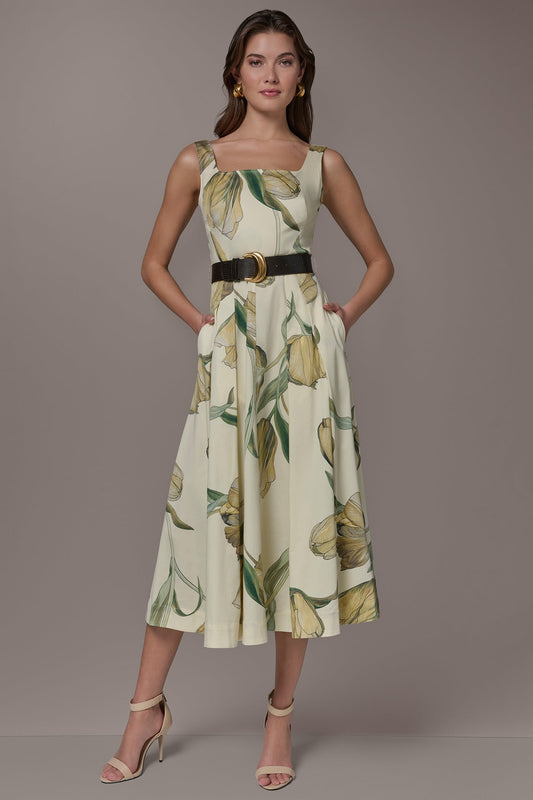 Donna Karan COTTON-SATEEN PRINTED MIDI A-LINE DRESS