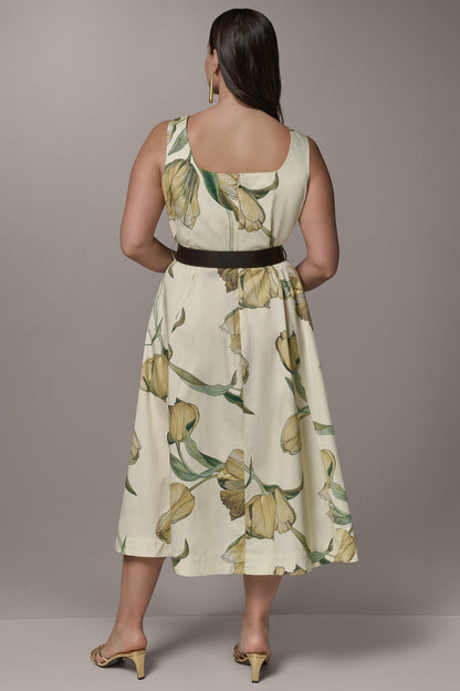 Donna Karan COTTON-SATEEN PRINTED MIDI A-LINE DRESS