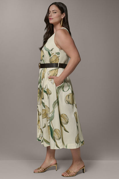 Donna Karan COTTON-SATEEN PRINTED MIDI A-LINE DRESS