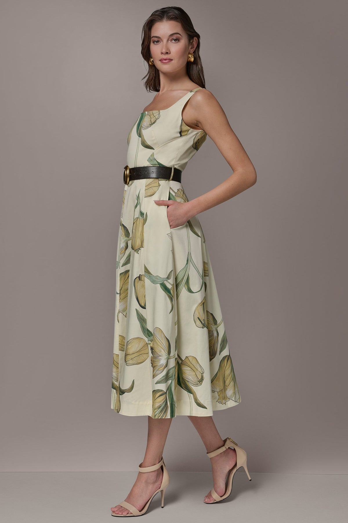 Donna Karan COTTON-SATEEN PRINTED MIDI A-LINE DRESS