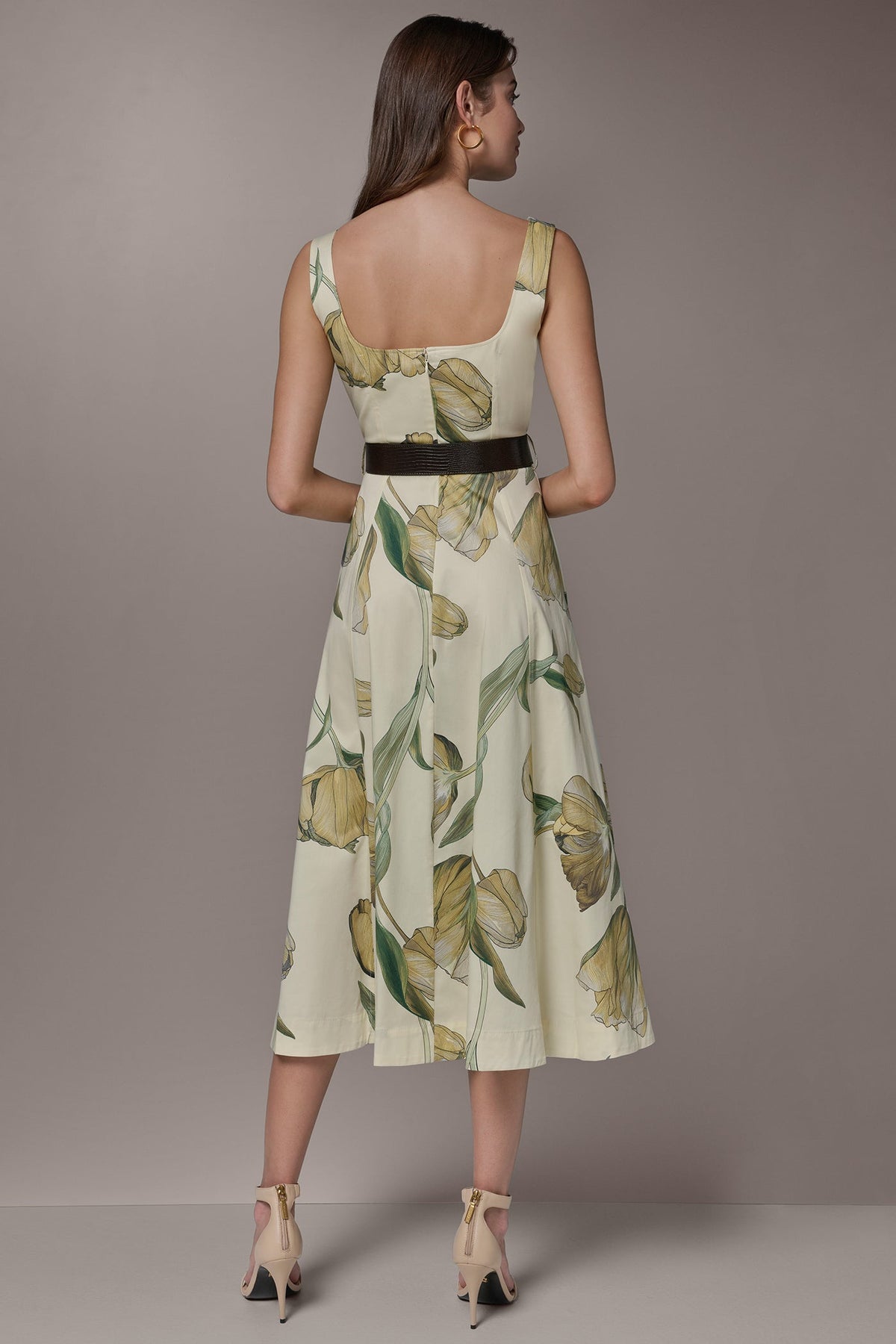 Donna Karan COTTON-SATEEN PRINTED MIDI A-LINE DRESS