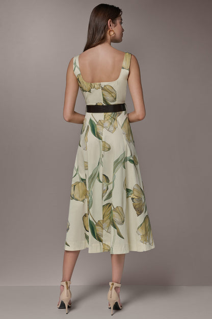 Donna Karan COTTON-SATEEN PRINTED MIDI A-LINE DRESS
