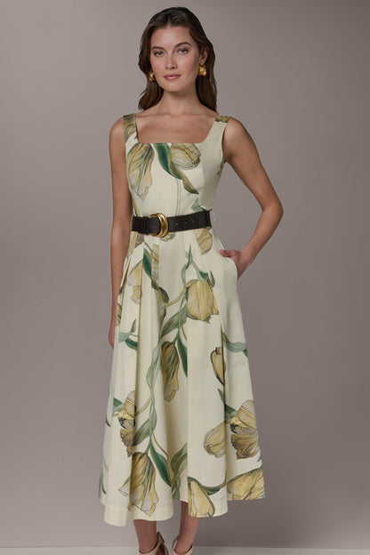 Donna Karan COTTON-SATEEN PRINTED MIDI A-LINE DRESS