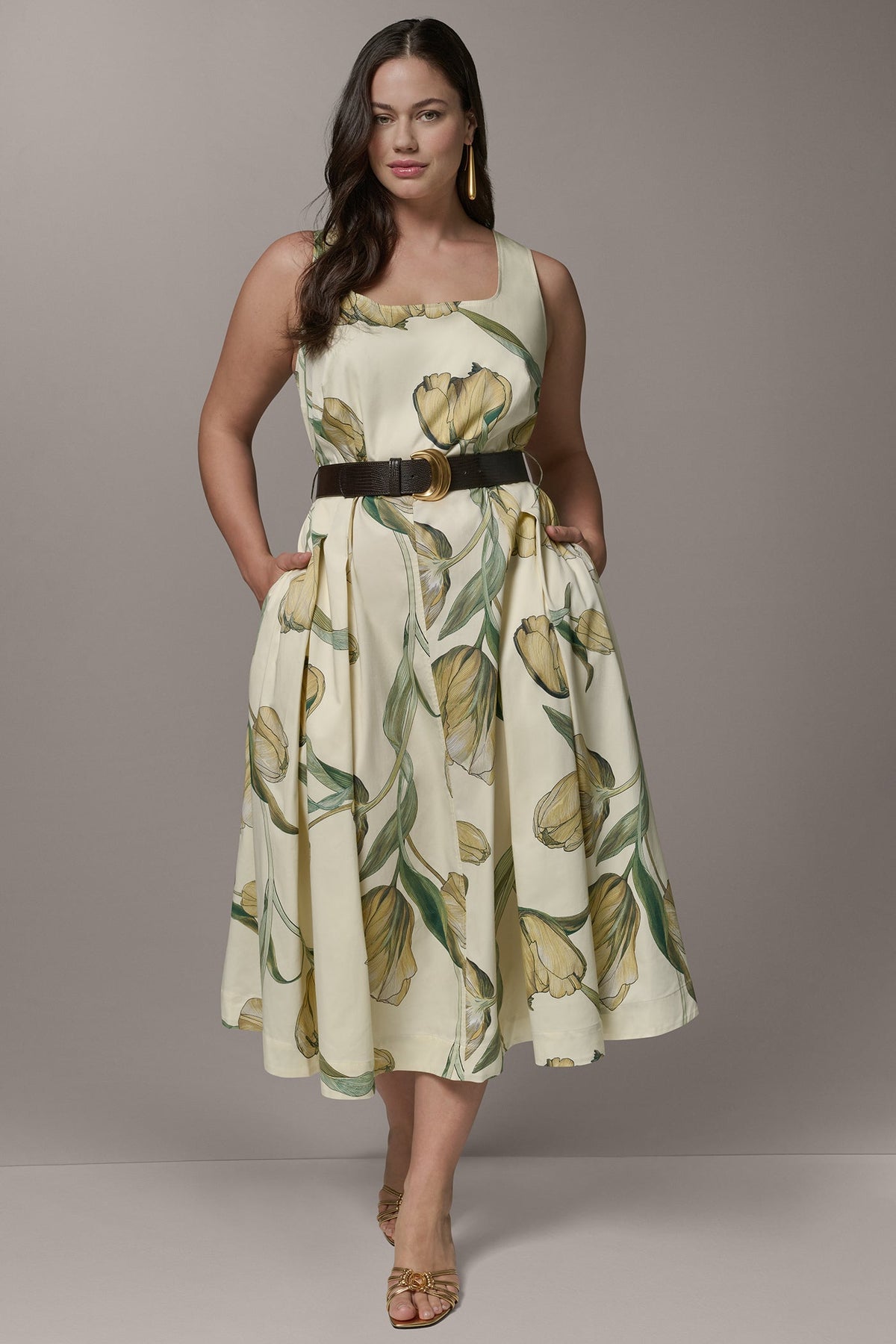 Donna Karan COTTON-SATEEN PRINTED MIDI A-LINE DRESS
