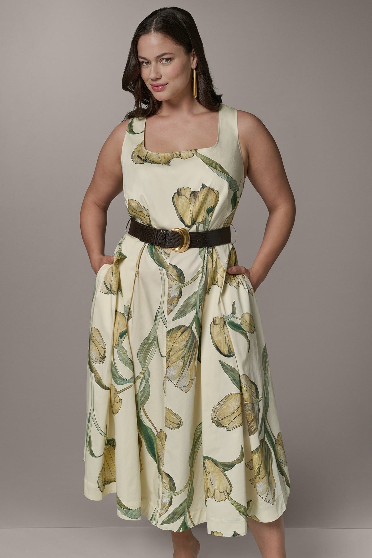 Donna Karan COTTON-SATEEN PRINTED MIDI A-LINE DRESS