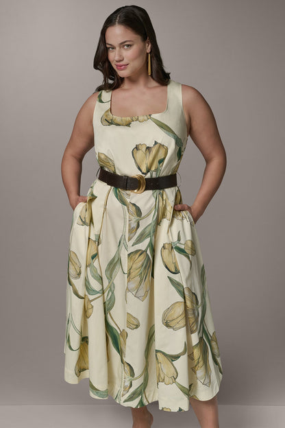 Donna Karan COTTON-SATEEN PRINTED MIDI A-LINE DRESS