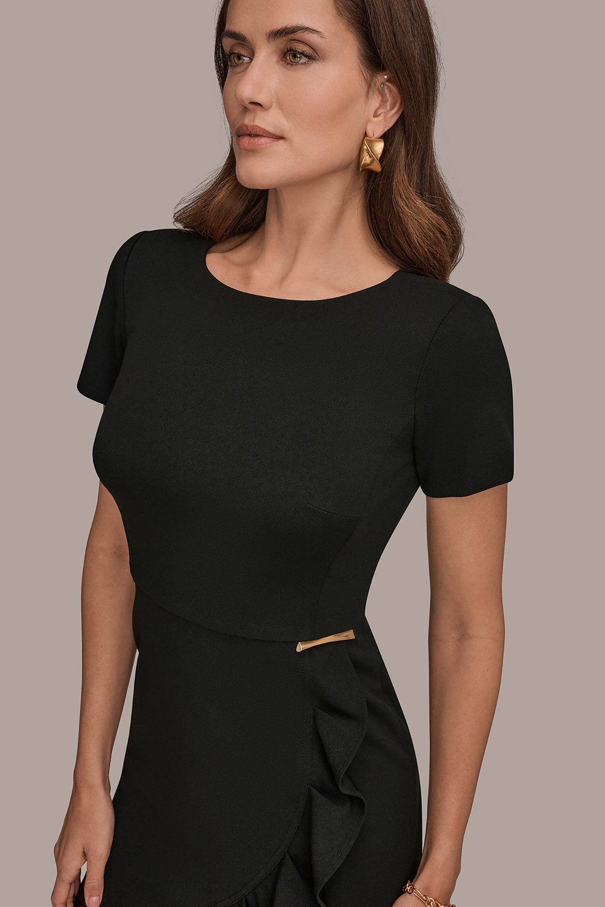 Donna Karan SHORT SLEEVE RUFFLE SHEATH DRESS