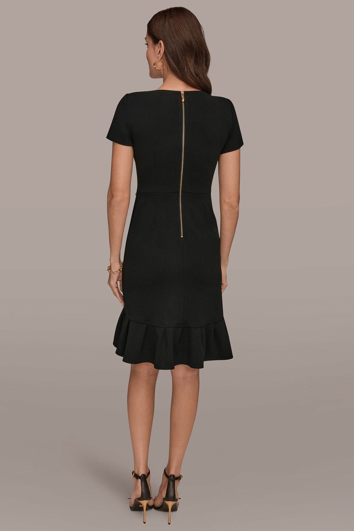 Donna Karan SHORT SLEEVE RUFFLE SHEATH DRESS