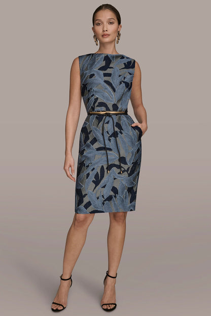 Donna Karan JACQUARD SLEEVELESS COWL-NECK SHEATH DRESS