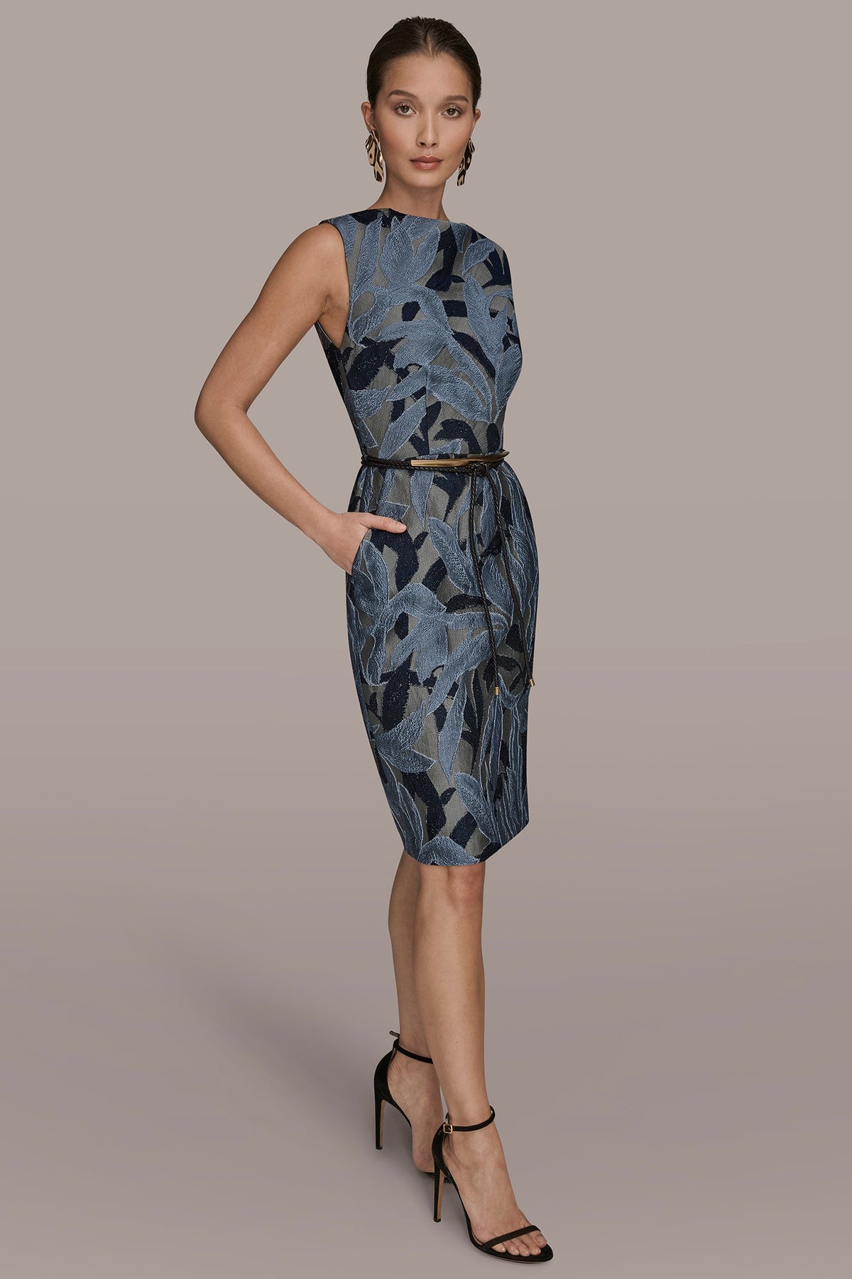 Donna Karan JACQUARD SLEEVELESS COWL-NECK SHEATH DRESS