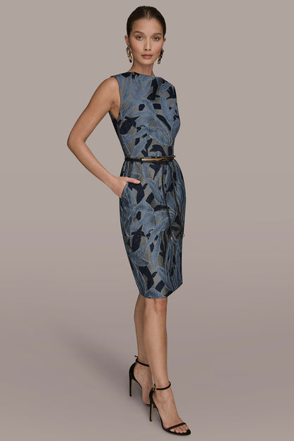 Donna Karan JACQUARD SLEEVELESS COWL-NECK SHEATH DRESS