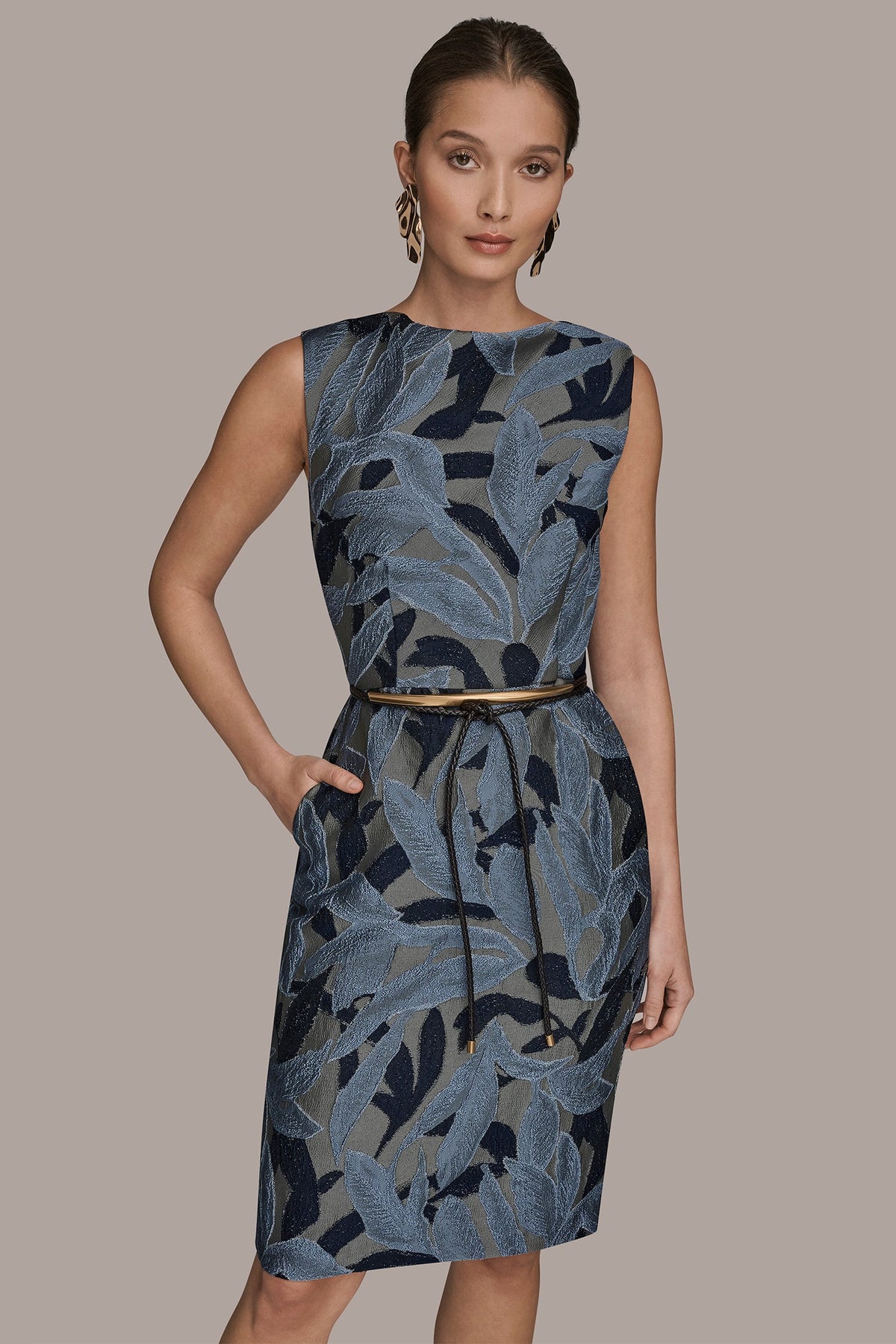 Donna Karan JACQUARD SLEEVELESS COWL-NECK SHEATH DRESS