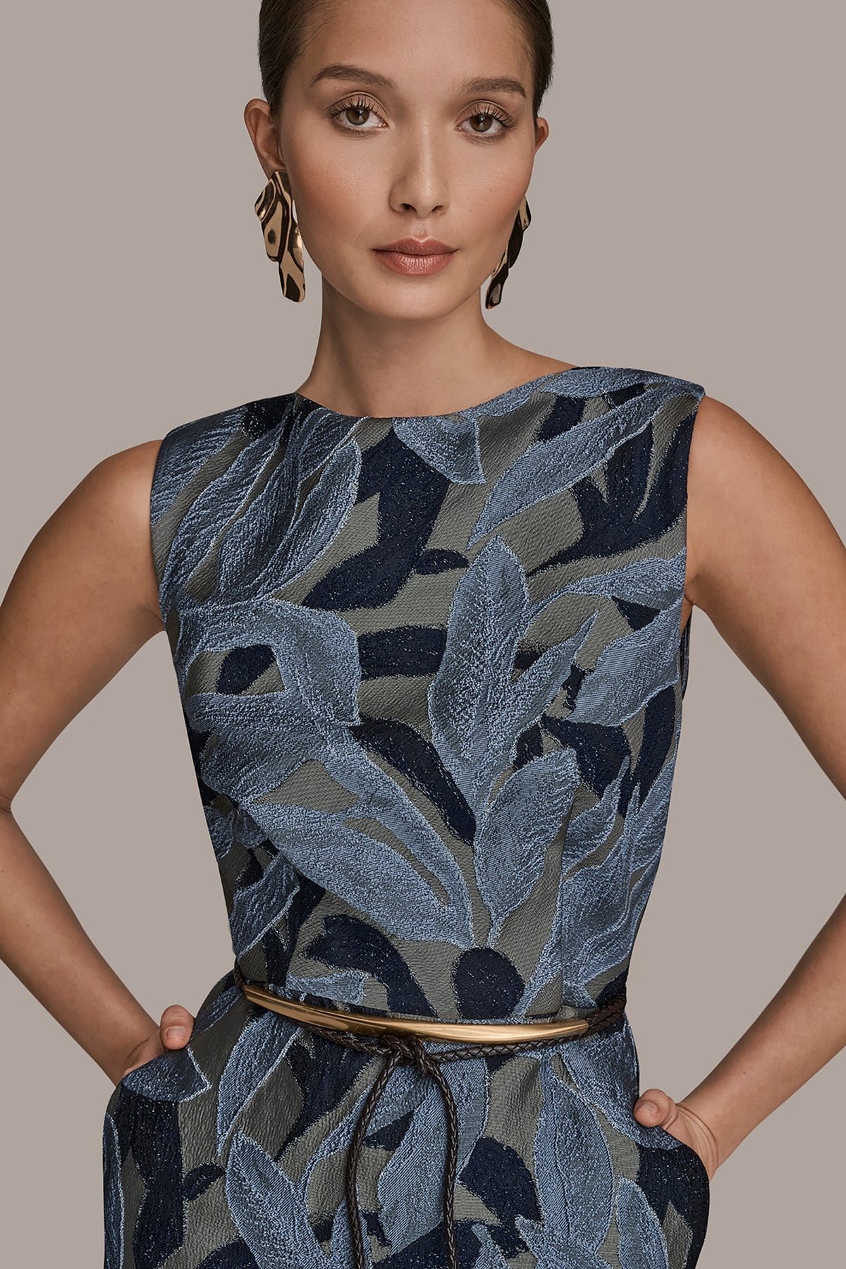 Donna Karan JACQUARD SLEEVELESS COWL-NECK SHEATH DRESS