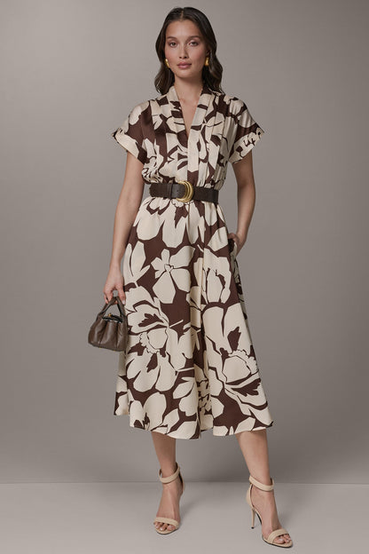 Donna Karan SHORT SLEEVE FLORAL MIDI A-LINE DRESS