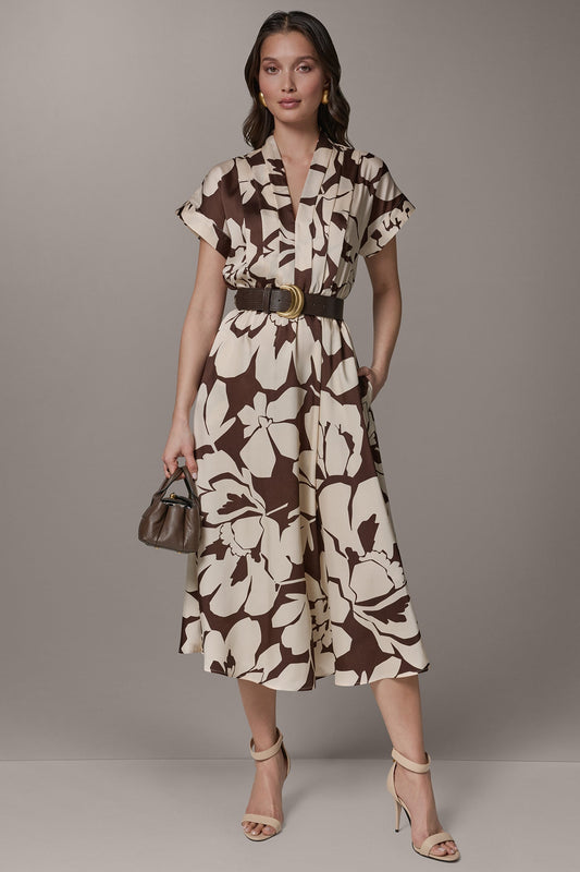 Donna Karan SHORT SLEEVE FLORAL MIDI A-LINE DRESS
