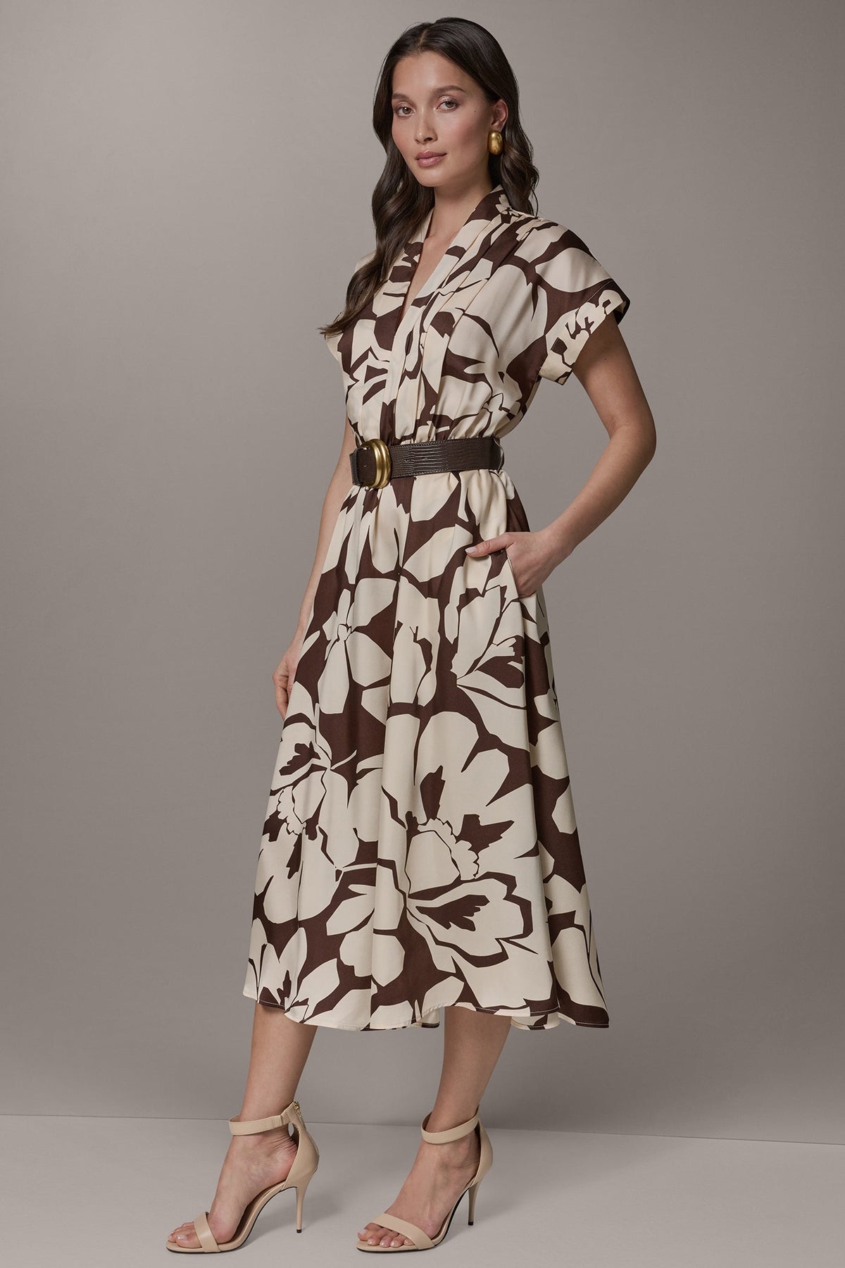 Donna Karan SHORT SLEEVE FLORAL MIDI A-LINE DRESS