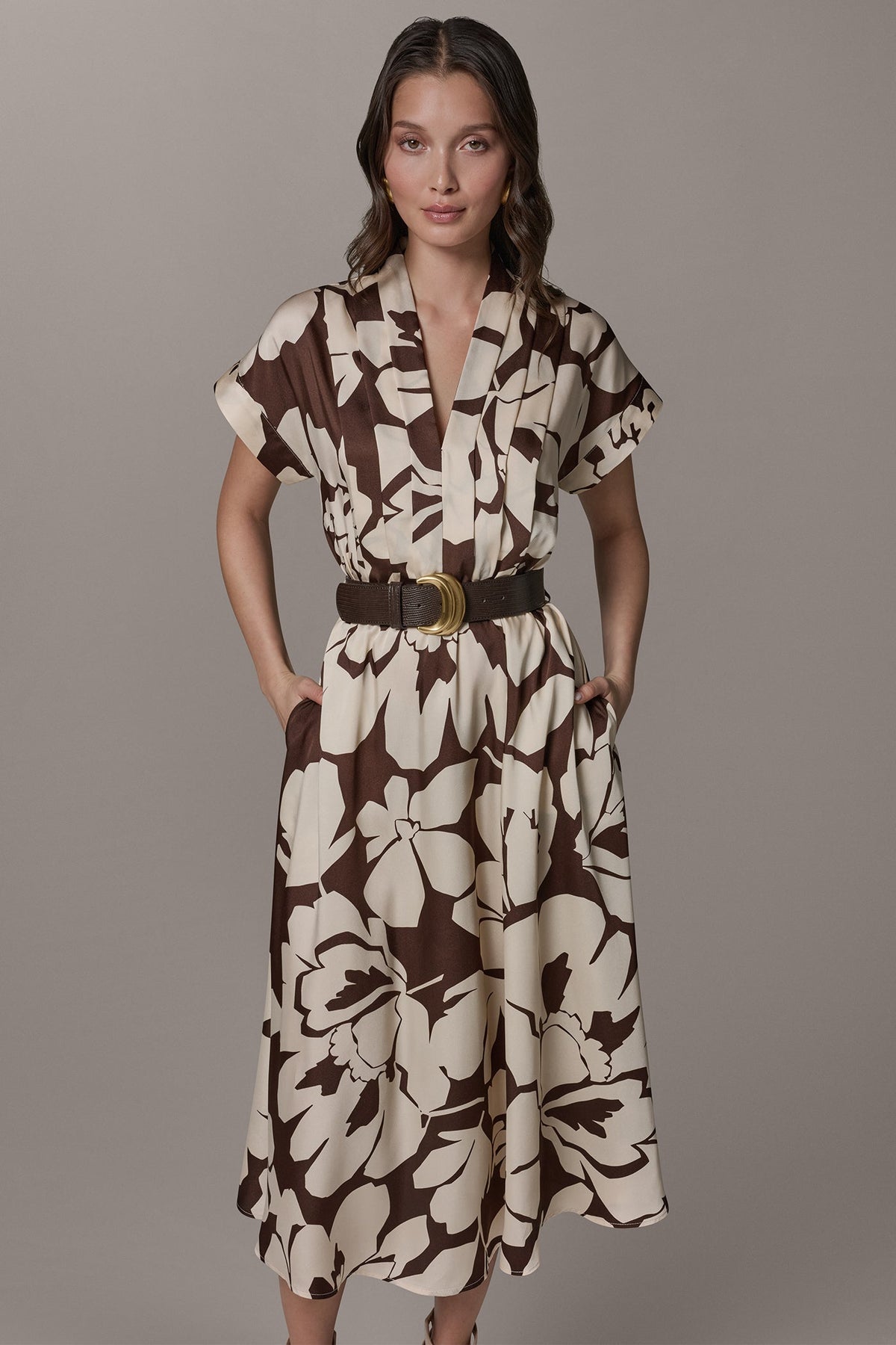 Donna Karan SHORT SLEEVE FLORAL MIDI A-LINE DRESS