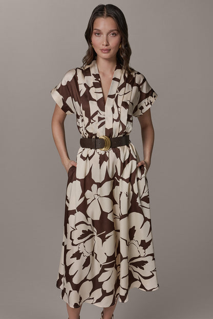 Donna Karan SHORT SLEEVE FLORAL MIDI A-LINE DRESS