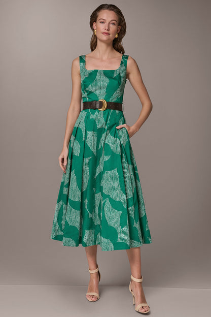 Donna Karan STRETCH COTTON-POPLIN PRINTED PLEATED MIDI A-LINE DRESS